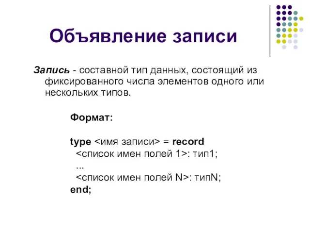 Объявление записи Запись - составной тип данных, состоящий из фиксированного числа