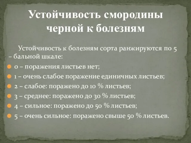 Устойчивость к болезням сорта ранжируются по 5 – бальной шкале: 0