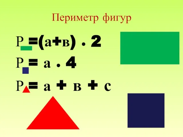 Периметр фигур Р =(а+в) ● 2 Р = а ● 4