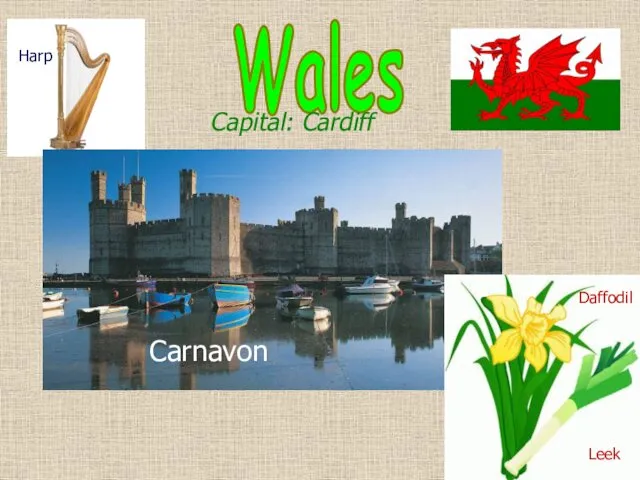 Wales Carnavon Harp Daffodil Leek Сapital: Cardiff