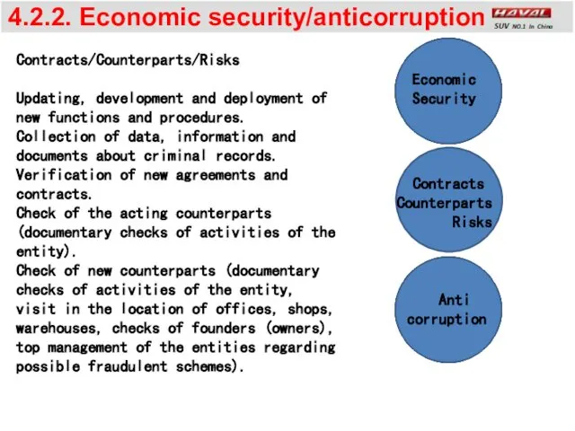 4.2.2. Economic security/anticorruption Contracts Counterparts Risks Contracts/Counterparts/Risks Updating, development and deployment