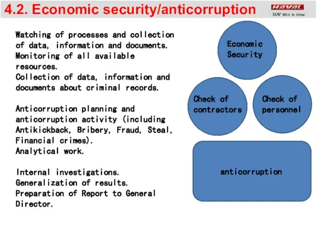 4.2. Economic security/anticorruption Check of personnel Check of contractors Watching of