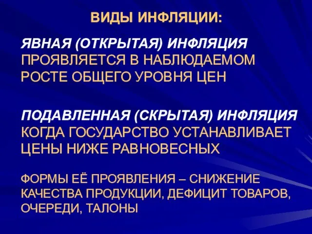 ВИДЫ ИНФЛЯЦИИ: ЯВНАЯ (ОТКРЫТАЯ) ИНФЛЯЦИЯ ПРОЯВЛЯЕТСЯ В НАБЛЮДАЕМОМ РОСТЕ ОБЩЕГО УРОВНЯ