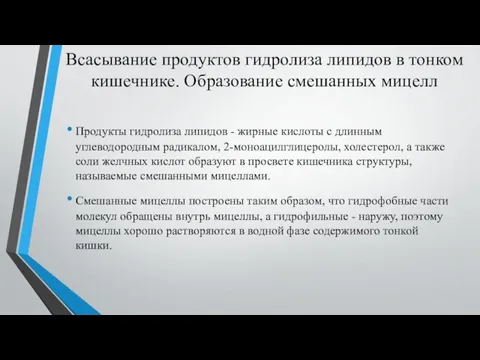 Всасывание продуктов гидролиза липидов в тонком кишечнике. Образование смешанных мицелл Продукты