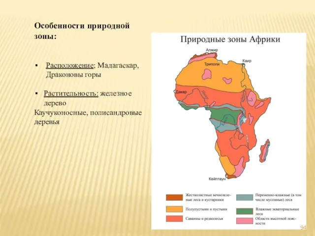 Особенности природной зоны: Расположение; Мадагаскар, Драконовы горы Растительность: железное дерево Каучуконосные, полисандровые деревья