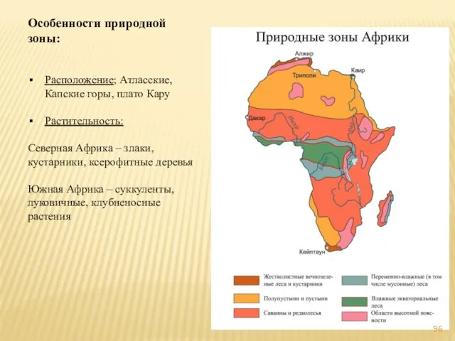 Особенности природной зоны: Расположение; Атласские, Капские горы, плато Кару Растительность: Северная