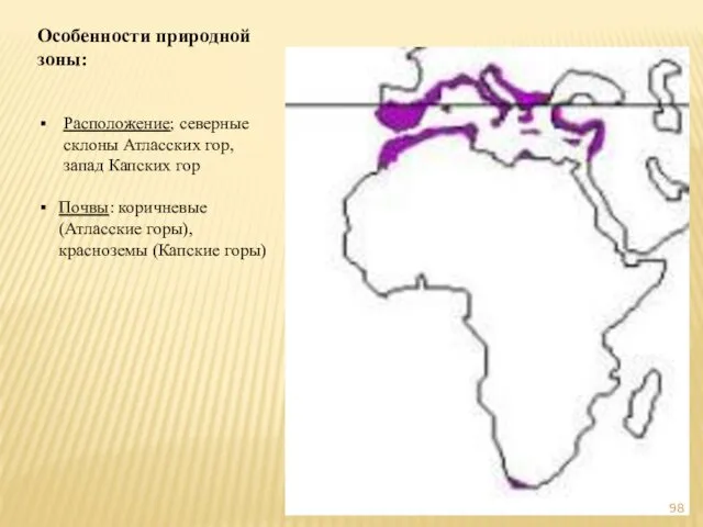 Особенности природной зоны: Расположение; северные склоны Атласских гор, запад Капских гор