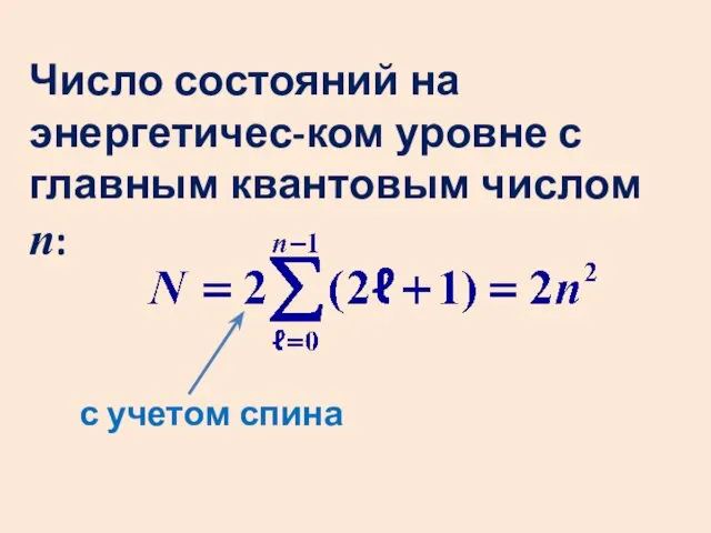 Число состояний на энергетичес-ком уровне с главным квантовым числом n: с учетом спина