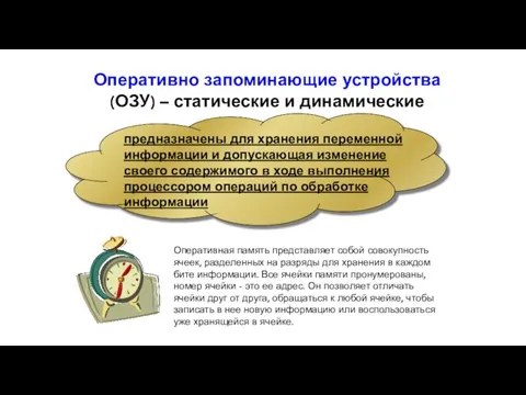 Оперативно запоминающие устройства (ОЗУ) – статические и динамические предназначены для хранения