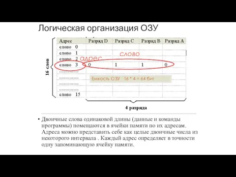 Логическая организация ОЗУ Двоичные слова одинаковой длины (данные и команды программы)