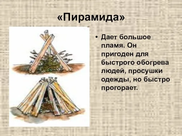 «Пирамида» Дает большое пламя. Он пригоден для быстрого обогрева людей, просушки одежды, но быстро прогорает.