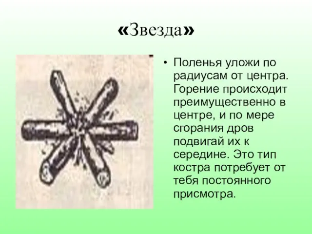 «Звезда» Поленья уложи по радиусам от центра. Горение происходит преимущественно в