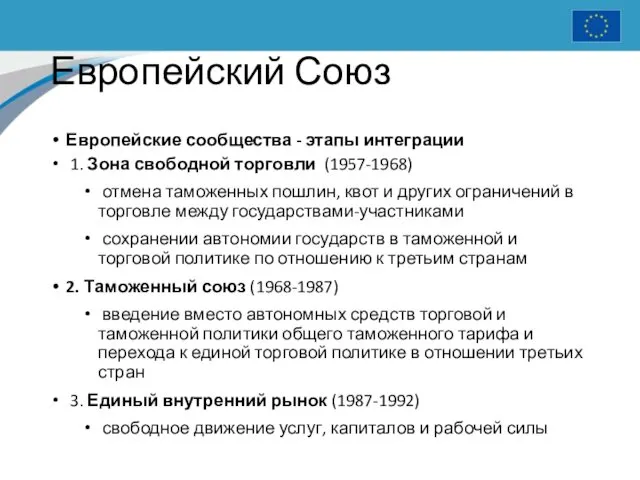 Европейский Союз Европейские сообщества - этапы интеграции 1. Зона свободной торговли