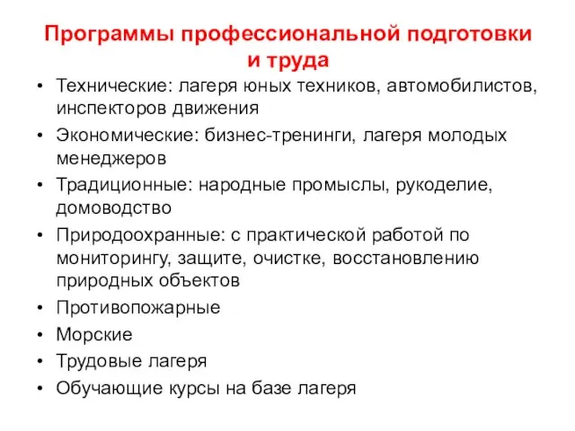 Программы профессиональной подготовки и труда Технические: лагеря юных техников, автомобилистов, инспекторов