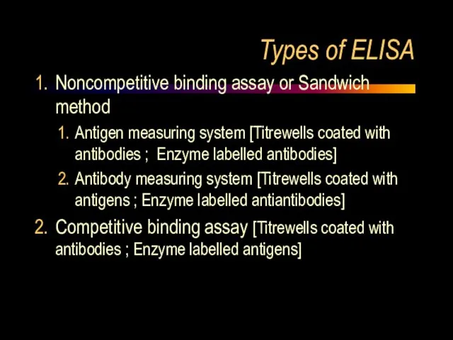 Types of ELISA Noncompetitive binding assay or Sandwich method Antigen measuring