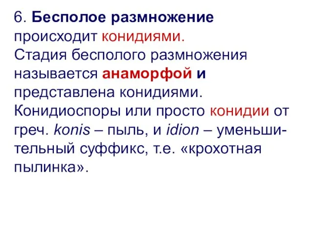 6. Бесполое размножение происходит конидиями. Стадия бесполого размножения называется анаморфой и