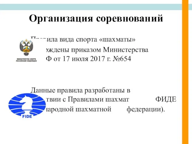 Организация соревнований Правила вида спорта «шахматы» утверждены приказом Министерства спорта РФ