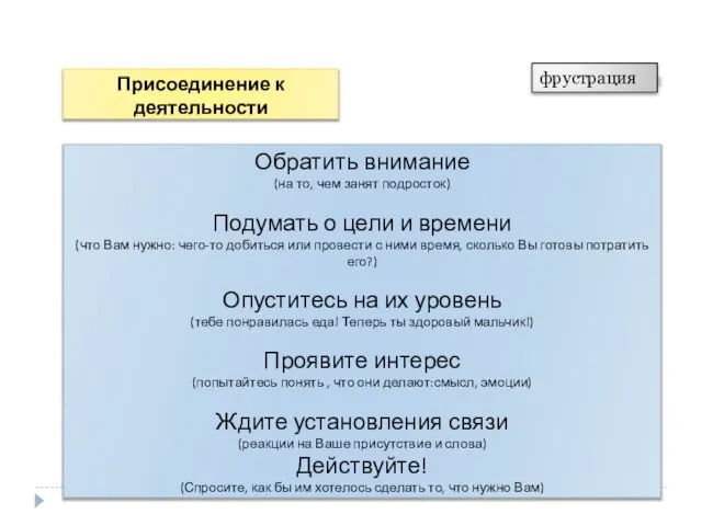 Присоединение к деятельности Обратить внимание (на то, чем занят подросток) Подумать