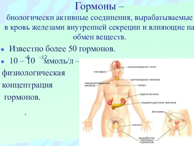 Гормоны – биологически активные соединения, вырабатываемые в кровь железами внутренней секреции