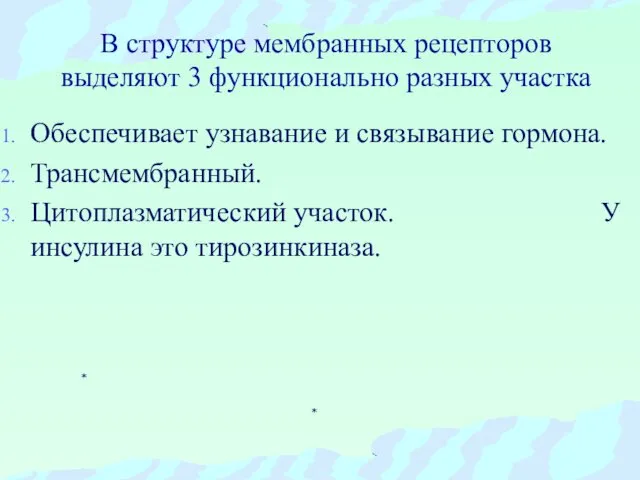 В структуре мембранных рецепторов выделяют 3 функционально разных участка Обеспечивает узнавание