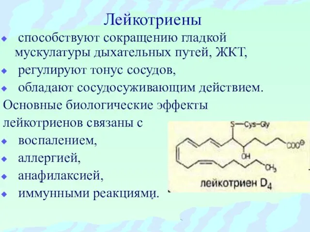 Лейкотриены способствуют сокращению гладкой мускулатуры дыхательных путей, ЖКТ, регулируют тонус сосудов,