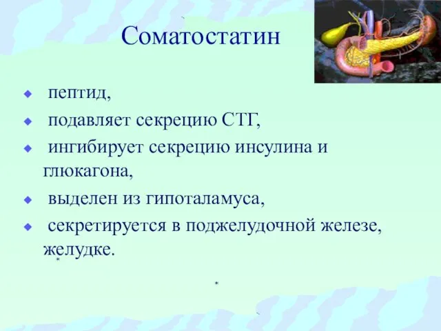 Соматостатин пептид, подавляет секрецию СТГ, ингибирует секрецию инсулина и глюкагона, выделен