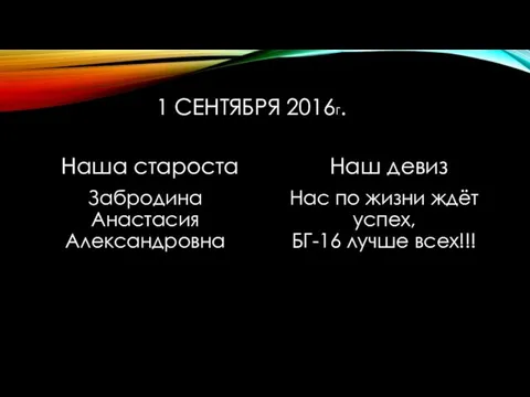 1 СЕНТЯБРЯ 2016Г. Наша староста Забродина Анастасия Александровна Наш девиз Нас