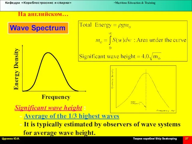 Wave Spectrum Frequency Energy Density Significant wave height : - Average