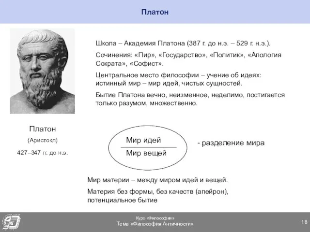 Платон Платон (Аристокл) 427–347 гг. до н.э. Школа – Академия Платона