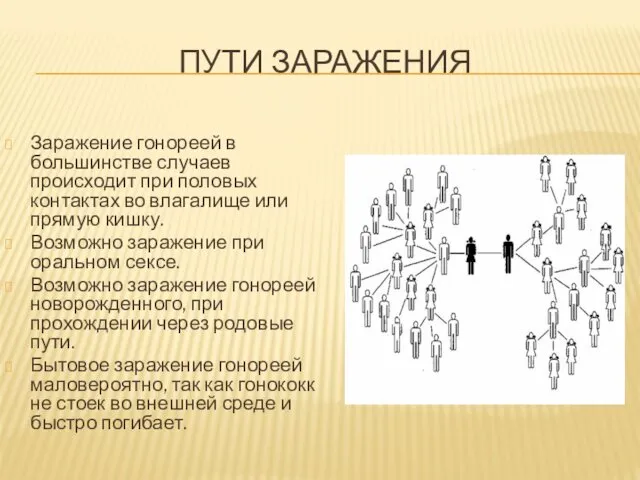 ПУТИ ЗАРАЖЕНИЯ Заражение гонореей в большинстве случаев происходит при половых контактах