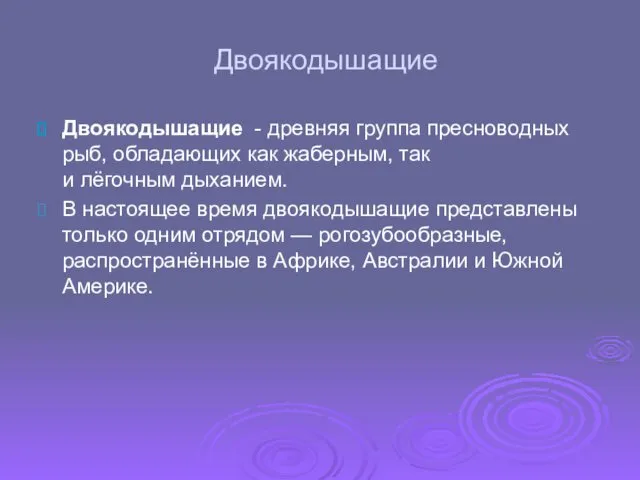 Двоякодышащие Двоякодышащие - древняя группа пресноводных рыб, обладающих как жаберным, так