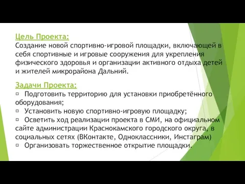 Цель Проекта: Создание новой спортивно-игровой площадки, включающей в себя спортивные и