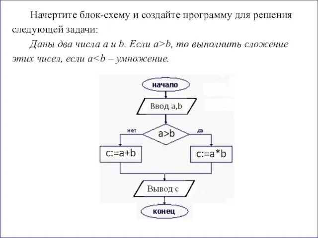 Начертите блок-схему и создайте программу для решения следующей задачи: Даны два