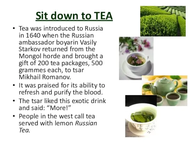 Sit down to TEA Tea was introduced to Russia in 1640