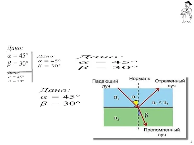 Угол падения на границу двух прозрачных сред составляет 45°, а угол