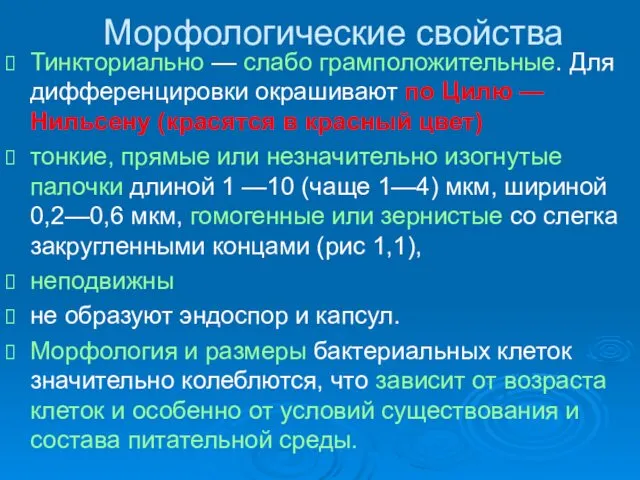 Морфологические свойства Тинкториально — слабо грамположительные. Для дифференцировки окрашивают по Цилю