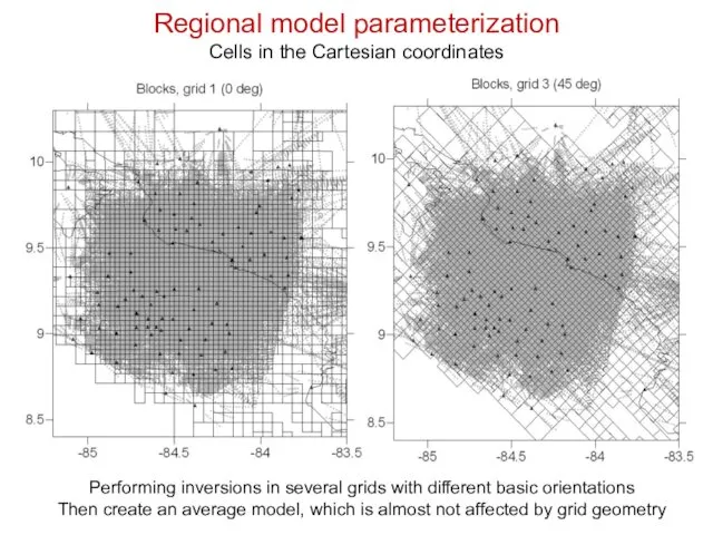 Regional model parameterization Cells in the Cartesian coordinates Performing inversions in