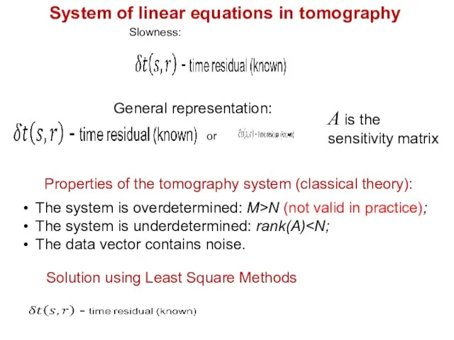 System of linear equations in tomography General representation: or A is