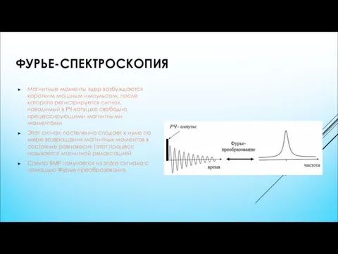 ФУРЬЕ-СПЕКТРОСКОПИЯ Магнитные моменты ядер возбуждаются коротким мощным импульсом, после которого регистрируется