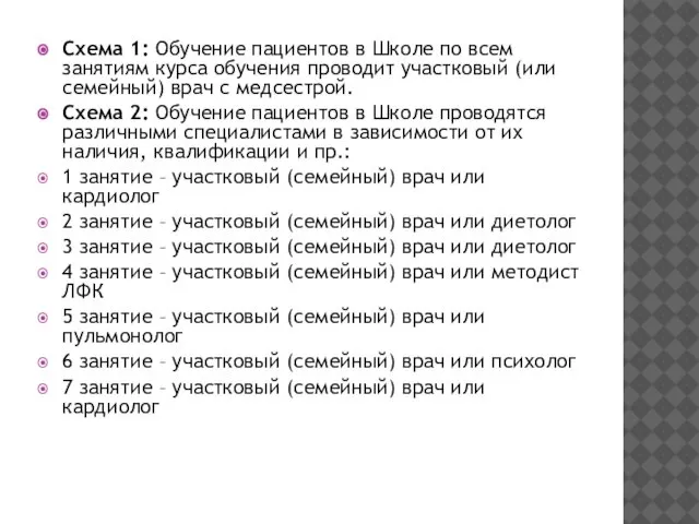 Схема 1: Обучение пациентов в Школе по всем занятиям курса обучения