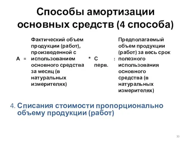 Способы амортизации основных средств (4 способа) 4. Списания стоимости пропорционально объему продукции (работ)