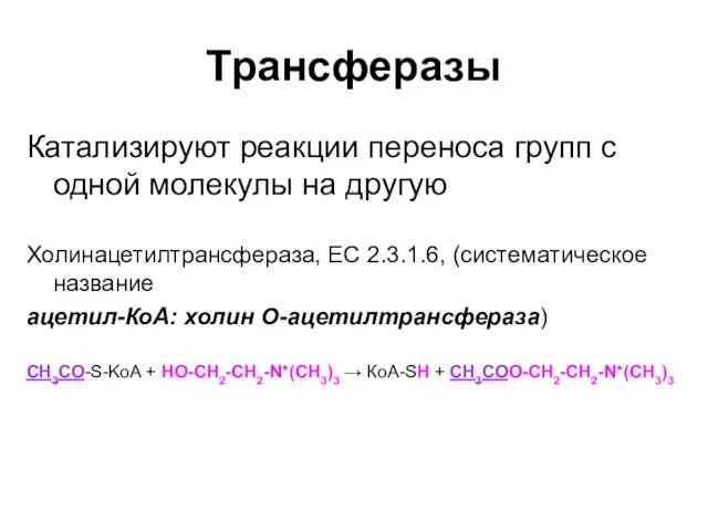 Трансферазы Катализируют реакции переноса групп с одной молекулы на другую Холинацетилтрансфераза,