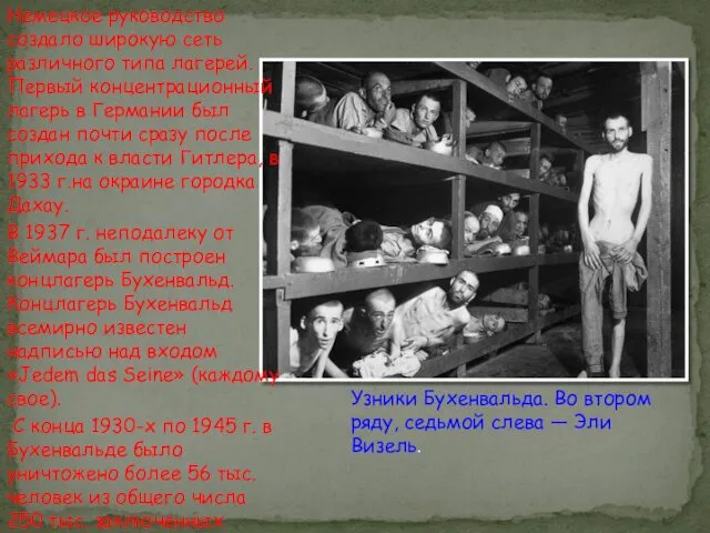 Немецкое руководство создало широкую сеть различного типа лагерей. Первый концентрационный лагерь