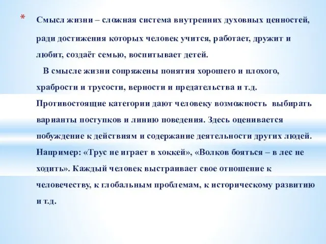 Смысл жизни – сложная система внутренних духовных ценностей, ради достижения которых