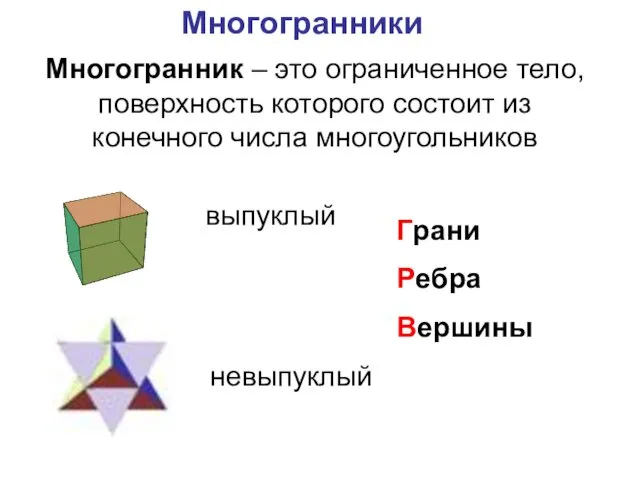 Многогранники Многогранник – это ограниченное тело, поверхность которого состоит из конечного