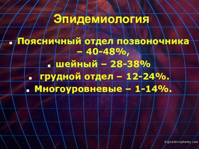 Эпидемиология Поясничный отдел позвоночника – 40-48%, шейный – 28-38% грудной отдел – 12-24%. Многоуровневые – 1-14%.