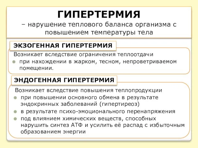 ГИПЕРТЕРМИЯ – нарушение теплового баланса организма с повышением температуры тела Возникает