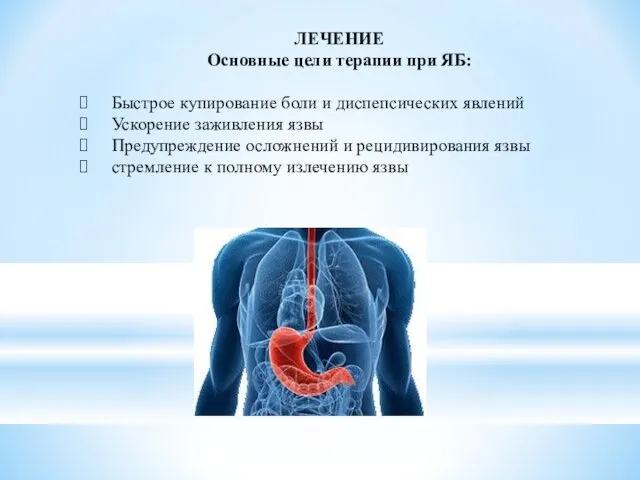 ЛЕЧЕНИЕ Основные цели терапии при ЯБ: Быстрое купирование боли и диспепсических