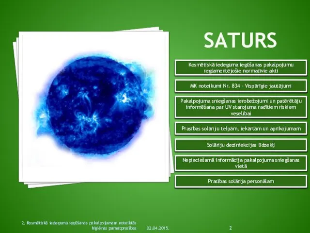 02.04.2015. 2. Kosmētiskā iedeguma iegūšanas pakalpojumam noteiktās higiēnas pamatprasības SATURS MK