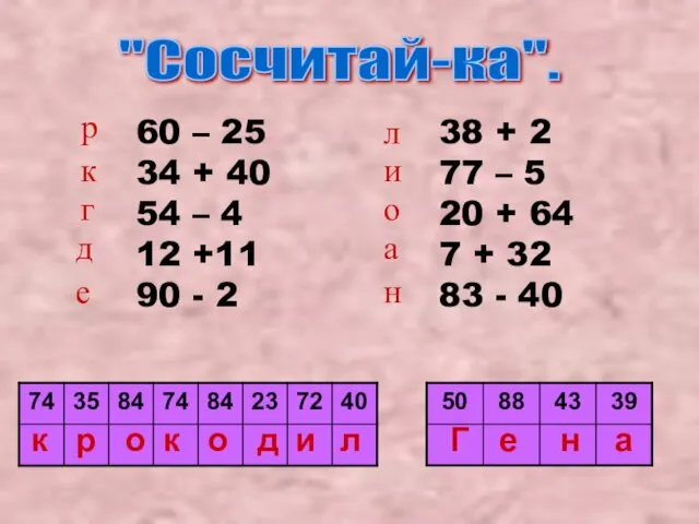 "Сосчитай-ка". 60 – 25 34 + 40 54 – 4 12